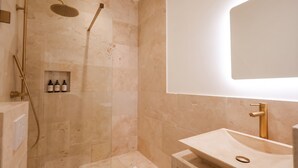 A modern bathroom with a walk-in shower, a large mirror, and a sink.