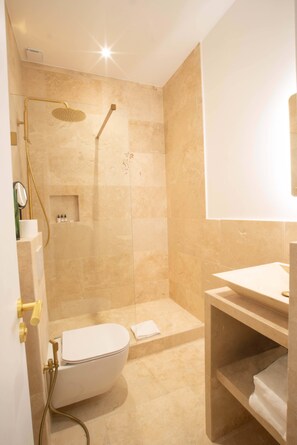 Shower, hair dryer, towels, shampoo