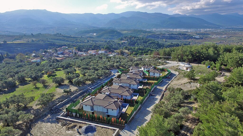 A residential area with multiple houses, a paved road, and a mountainous backdrop.