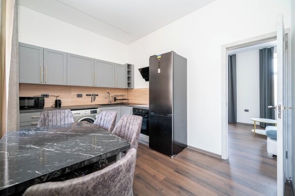 Fridge, microwave, oven, electric kettle