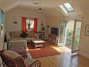 TV connectée, cheminée, livres