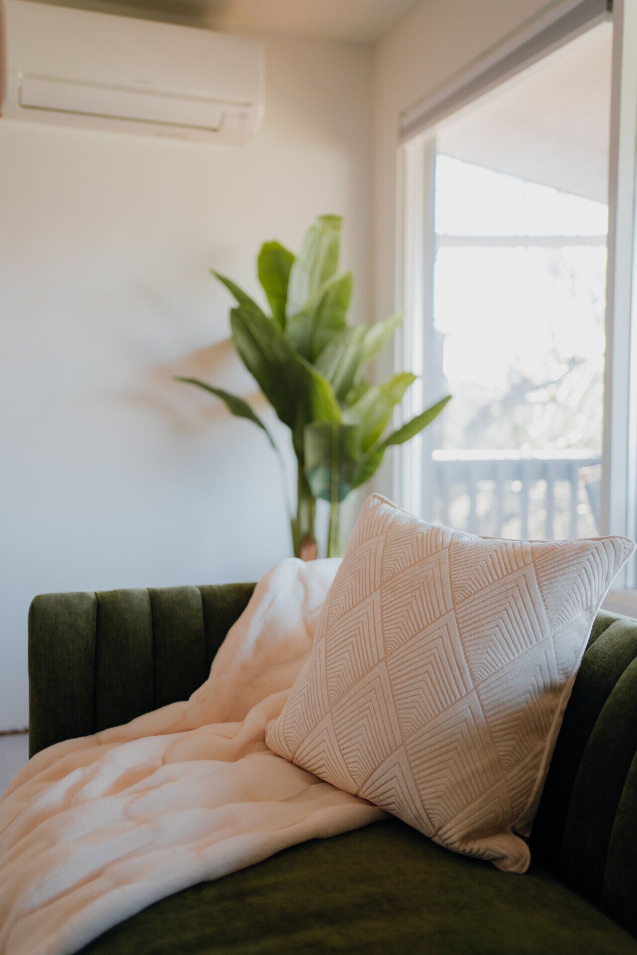 A green sofa with a patterned pillow and a blanket, a potted plant, and a window with a view of a balcony.