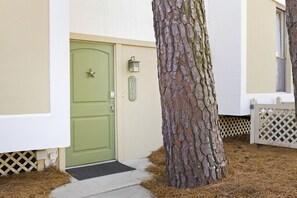 Una puerta verde con un adorno de estrella, un buzón y un árbol frente a un edificio de fachada blanca.