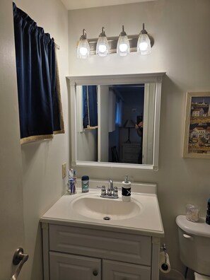 Douche, baignoire à jets, sèche-cheveux, serviettes fournies