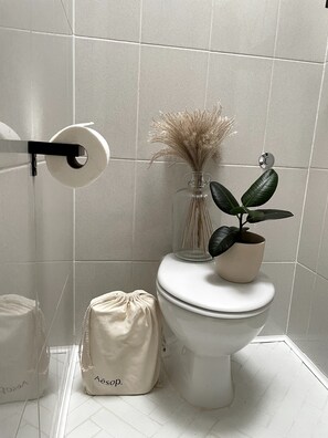 Secador de pelo, toallas, jabón, shampoo