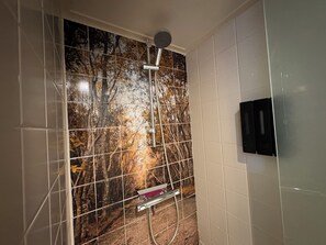 Shower, hair dryer, soap, shampoo