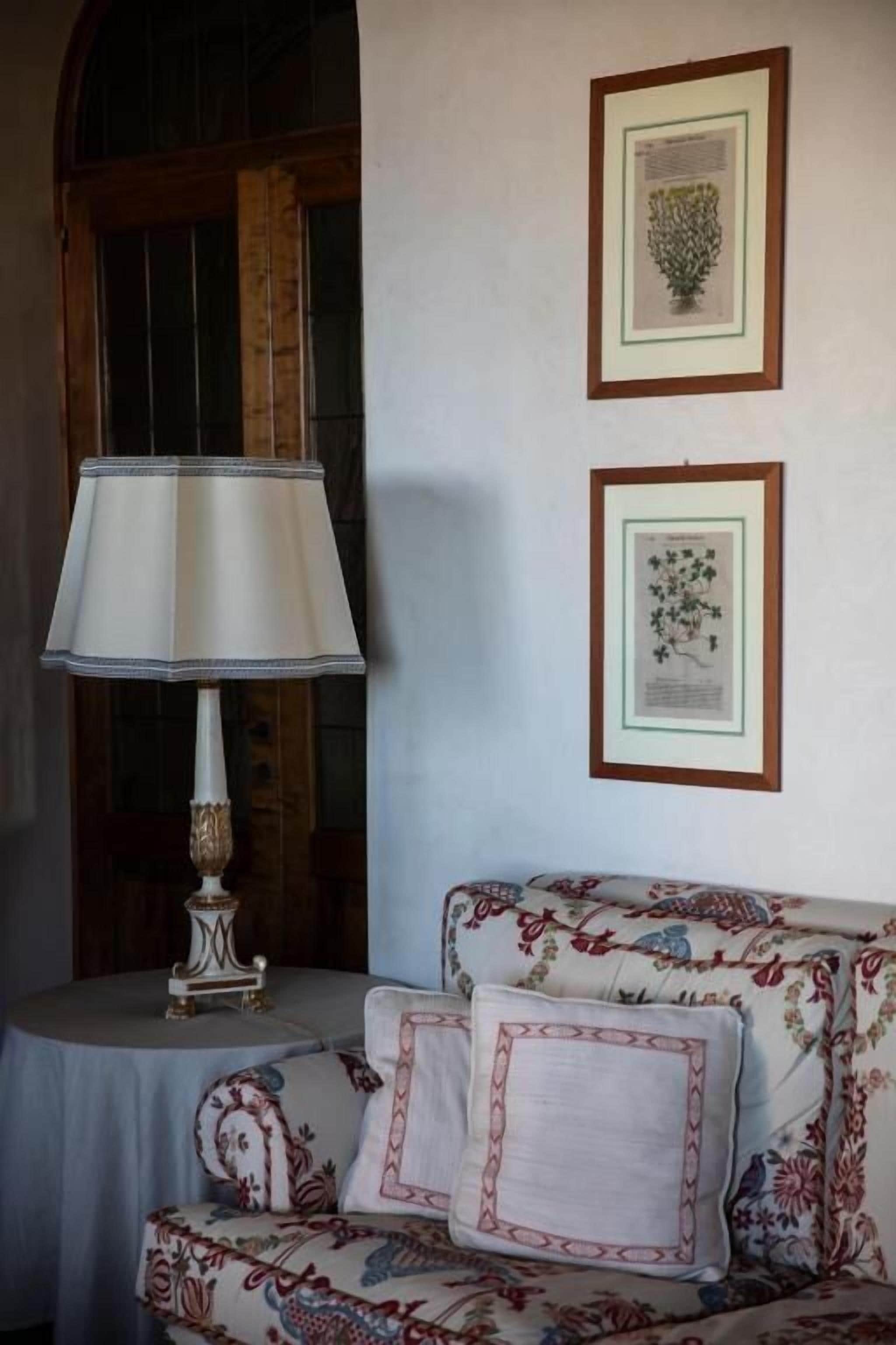 A room with a patterned sofa, a table with a lamp, and two framed botanical illustrations on the wall.