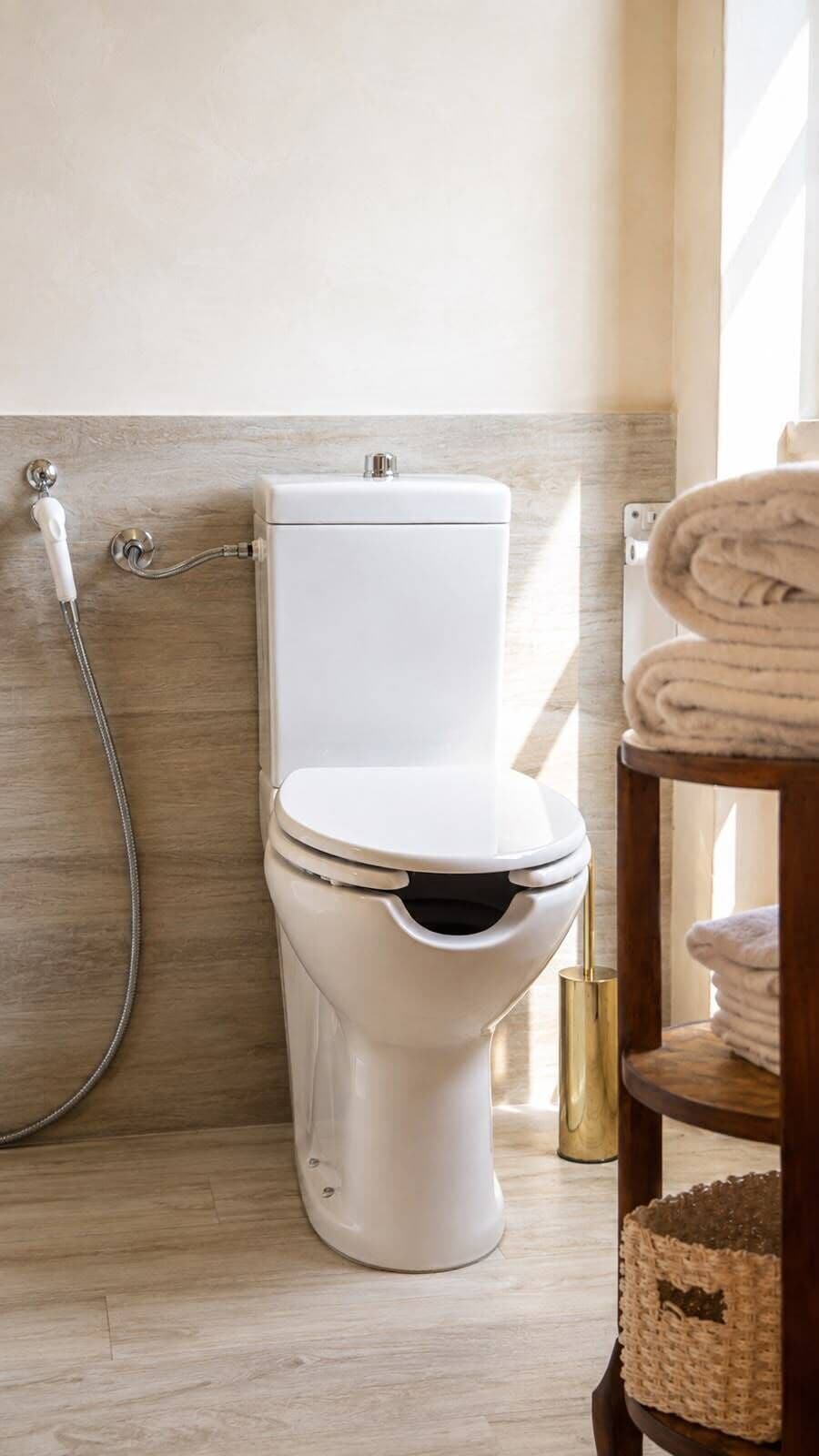 Un baño moderno con inodoro blanco, ducha y barra para toallas.