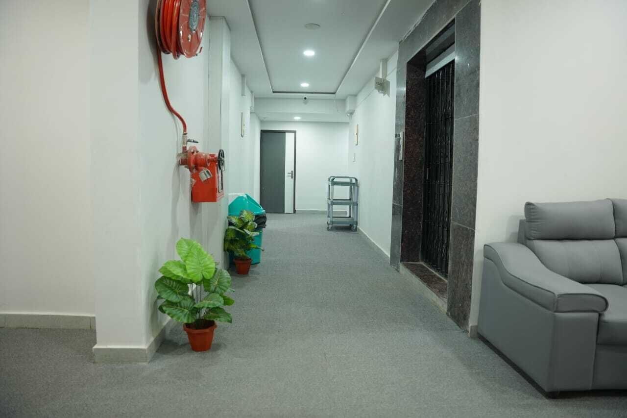 A hallway with a grey sofa, potted plants, a fire extinguisher, and a ladder.