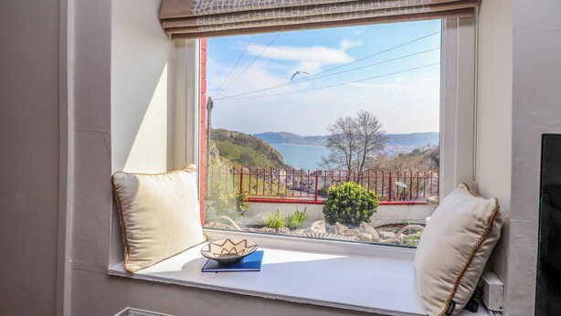 Asiento junto a la ventana con vistas a un paisaje costero, una valla roja y una pequeña planta en maceta.