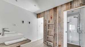 Shower, hair dryer, towels, toilet paper