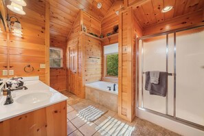Cabin, Multiple Beds, Hot Tub, Mountain View (Peace of Paradise) | Bathroom | Hair dryer, towels - New! Riverfront Retreat Sleeps 12 Ellijay (Ellijay)