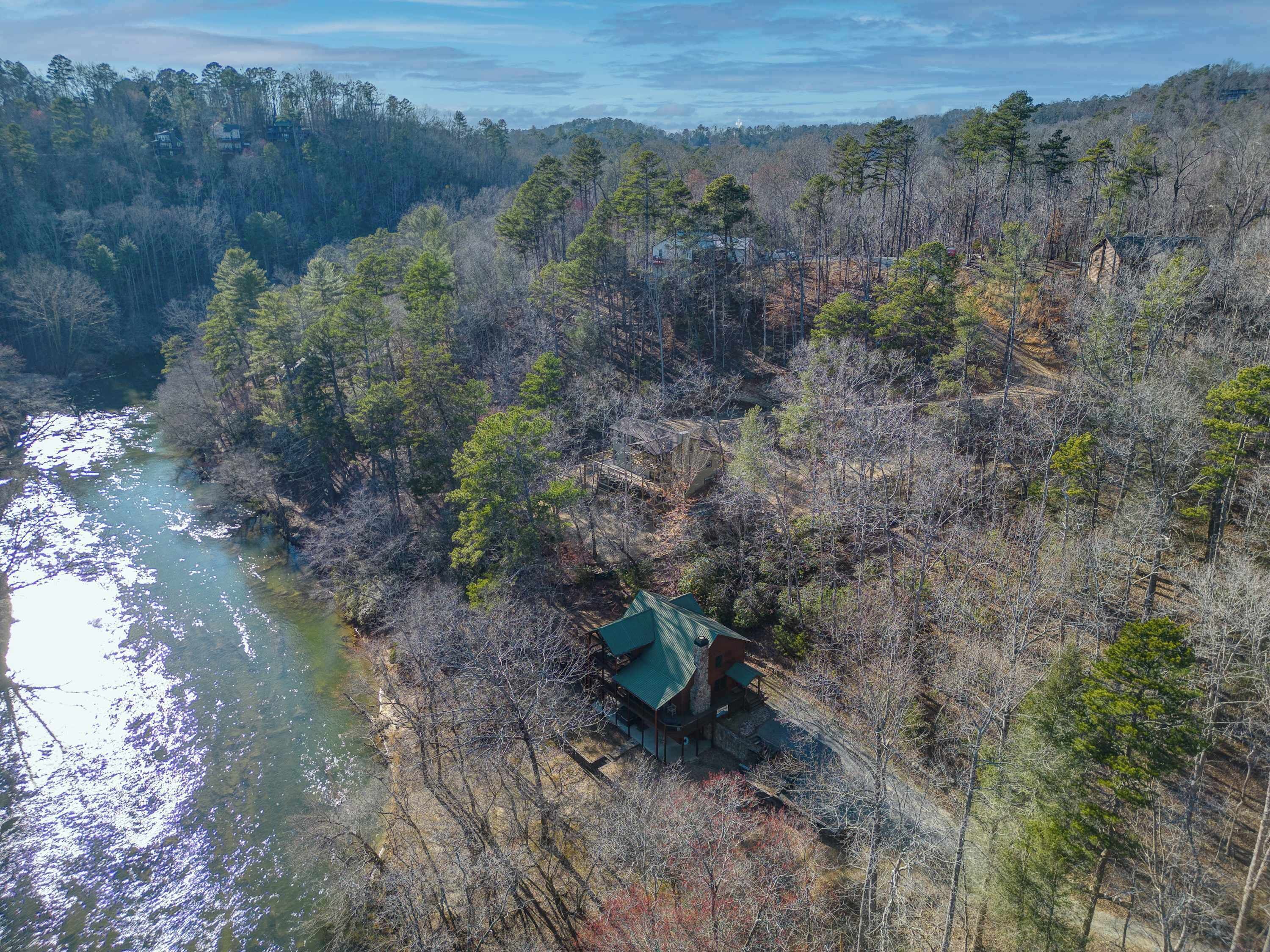 A cabin surrounded by dense forest with a river nearby.