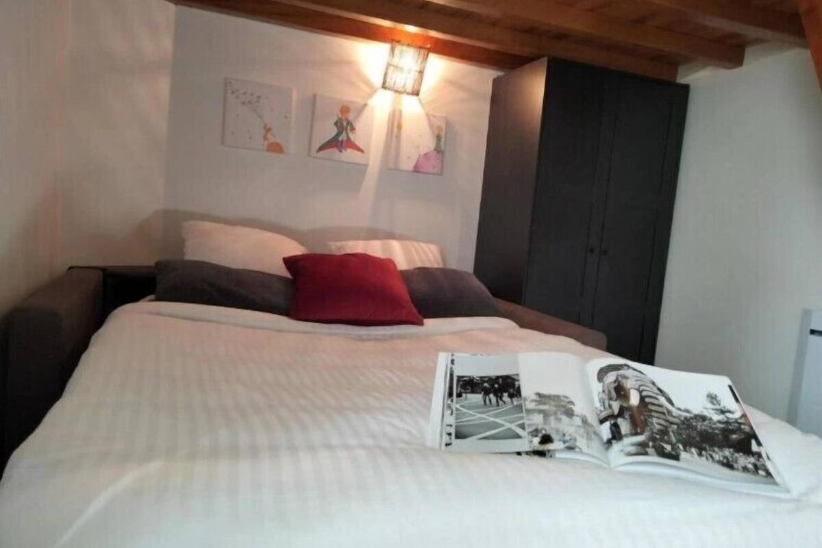 A bedroom with a bed, pillows, a red pillow, a wall-mounted light, and a magazine on the bed.