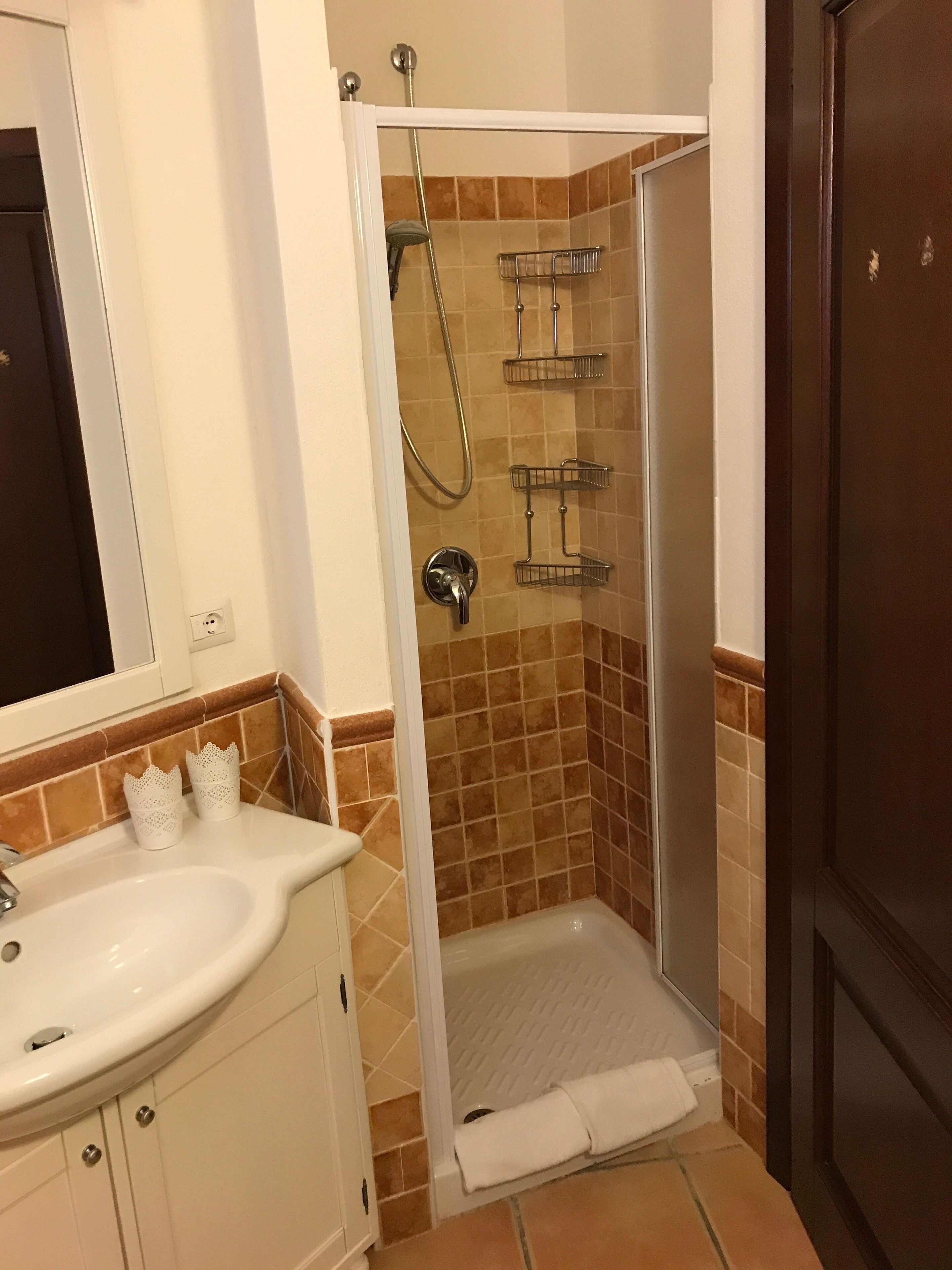 A bathroom with a shower, a sink, and a mirror.