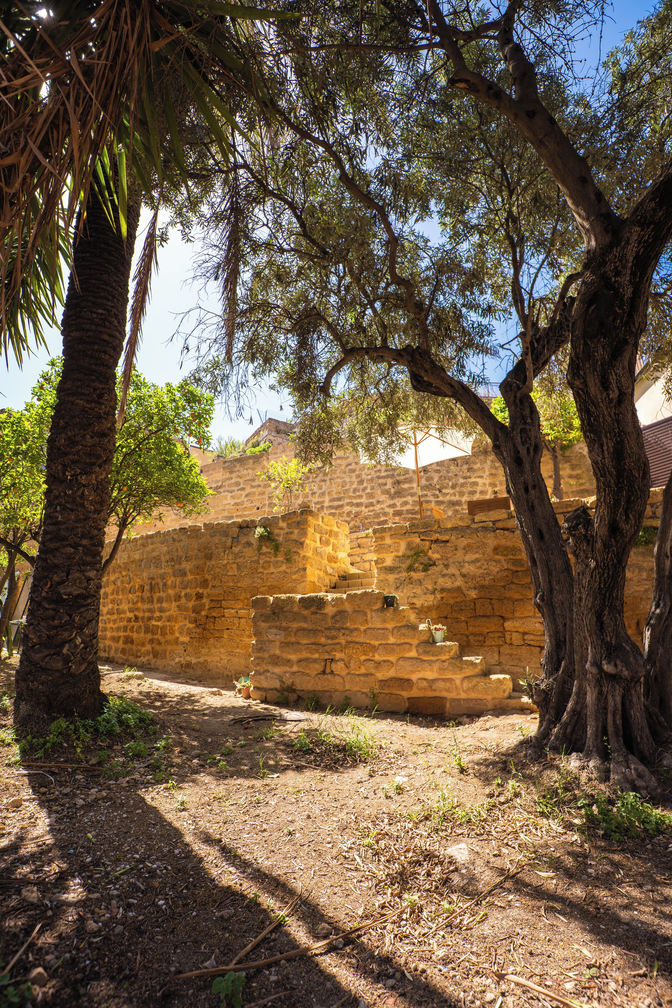 A stone wall with trees in front.
