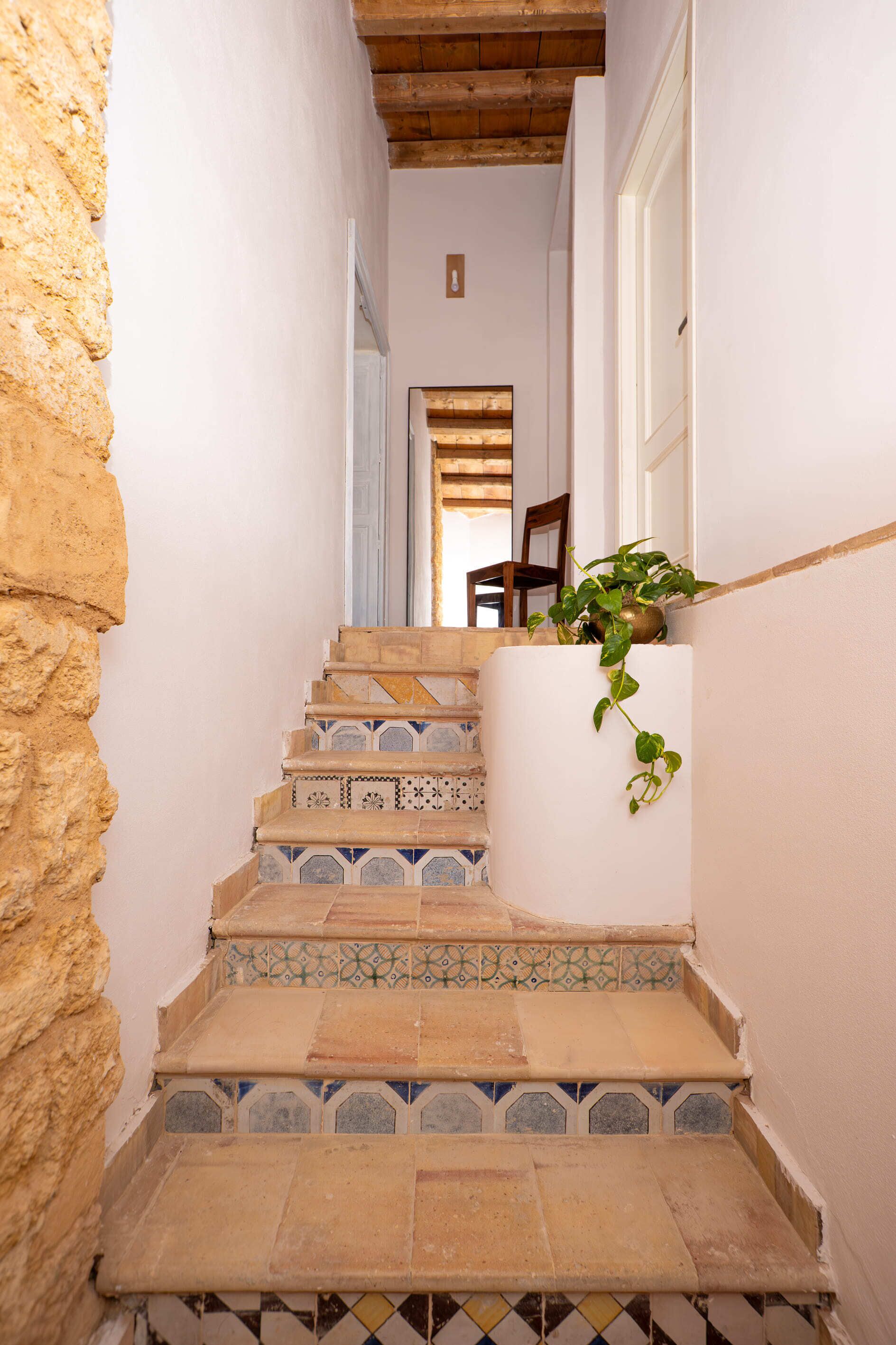 A narrow staircase with patterned tiles, a potted plant, and a wooden chair.