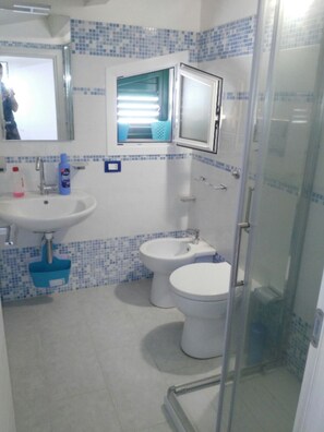 Douche, sĂšche-cheveux, bidet, serviettes fournies