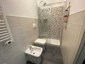 Douche, sĂšche-cheveux, bidet, serviettes fournies