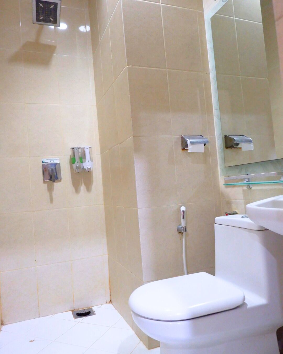 A bathroom with a toilet, a shower, and a mirror.