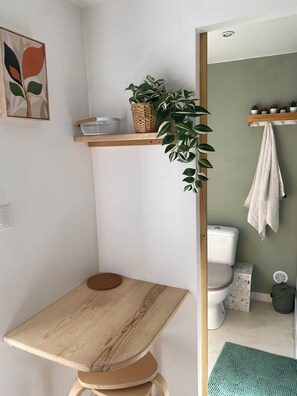 Hair dryer, towels, soap, toilet paper