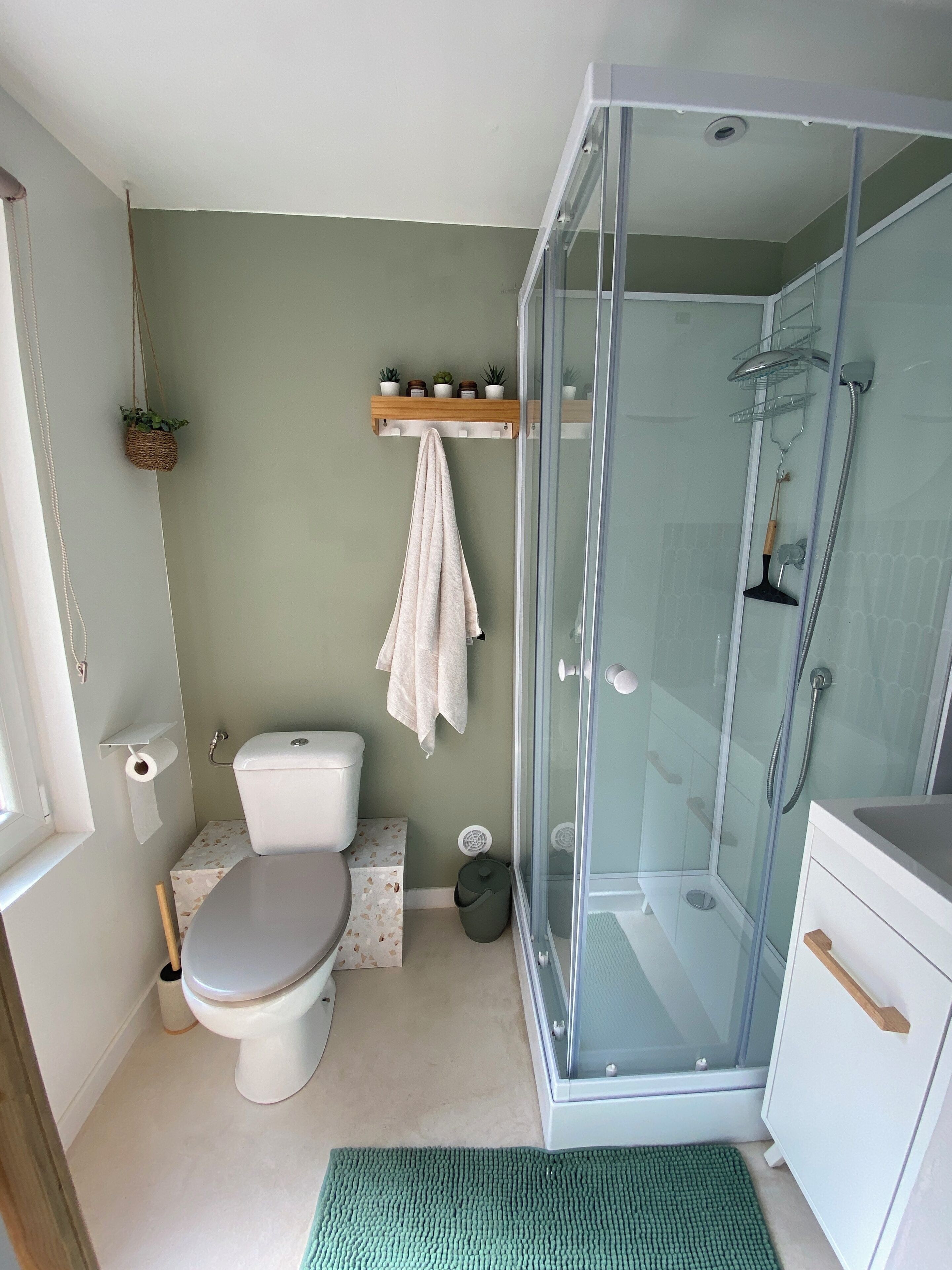 Hair dryer, towels, soap, toilet paper