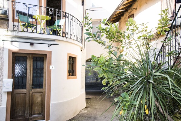A narrow alleyway with a wooden door, a balcony with outdoor furniture, and a large plant with yellow flowers.
