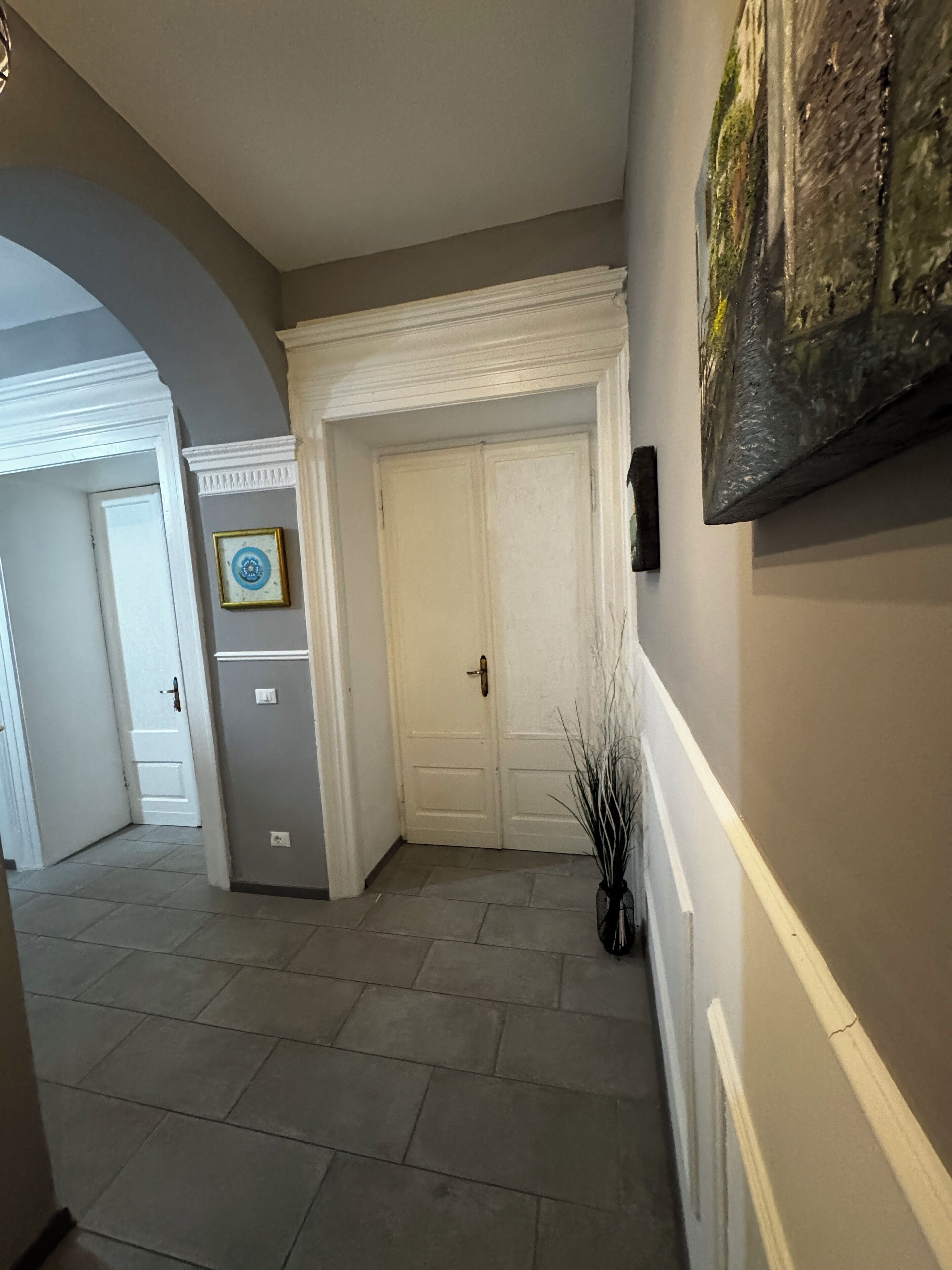 A hallway with a white door, a framed picture on the wall, and a plant.