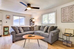 TV connectée, cheminée, livres, médiathèque