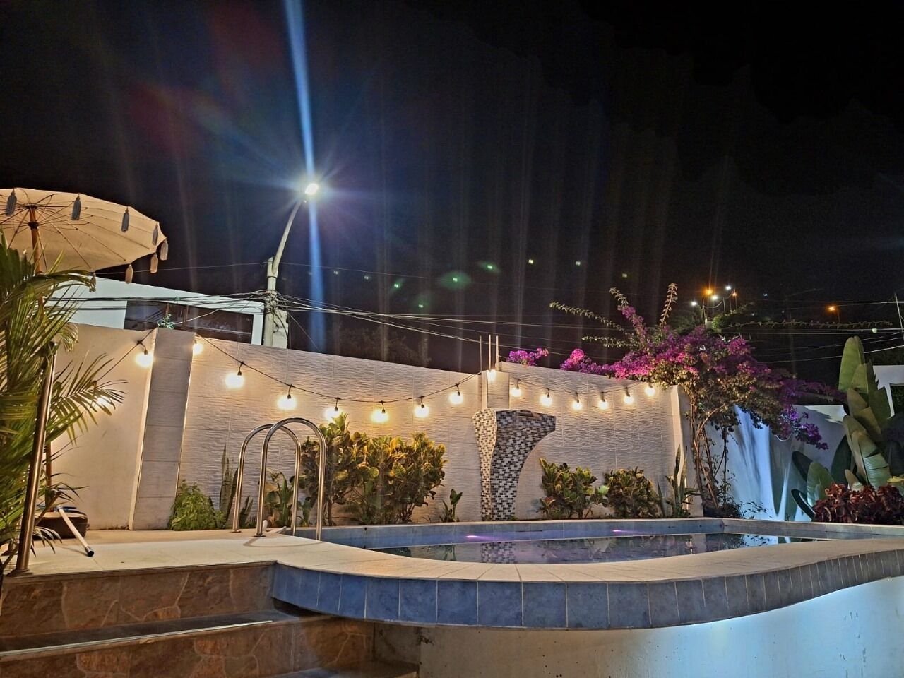 A nighttime outdoor area with a pool, string lights, and plants.