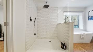 Shower, hair dryer, towels, soap