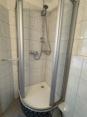 Combined shower/bathtub, hair dryer, towels, soap