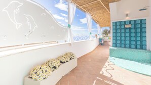 Area esterna coperta con piscina, pareti bianche decorate con murales di delfini e fioriere.