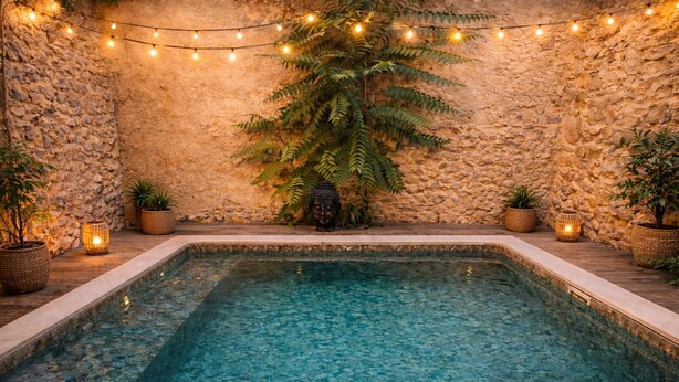 A rectangular pool with clear water, surrounded by stone walls and potted plants. - Stone Villa with Fully Private Pool not overlooked & AC - 20 min from Beaches (bizanet)