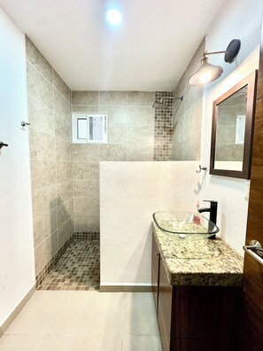 Shower, hair dryer, towels, toilet paper