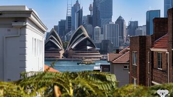 A cityscape with modern buildings, including a distinctive opera house with a unique architectural design.