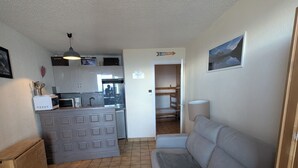 A compact living space with a kitchenette, a sofa, and a dining area.