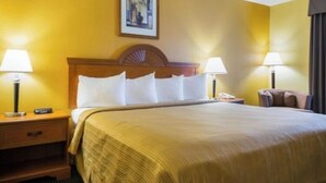 A hotel room with a large bed, two bedside tables, a nightstand, and two lamps. - Franklin Inn & Suites (Franklin)