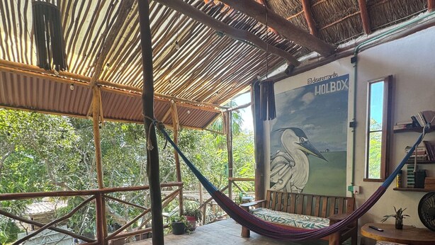 A hammock in a wooden room with a thatched roof, a bed with a pillow, a fan, and a poster of a bird. - hostal casa holbox (Isla Holbox)