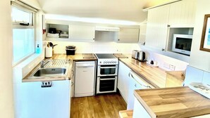 A compact kitchen with a dishwasher, two ovens, a sink, and a microwave. - Llaethdy Rachel, Lampeter (Aberaeron)