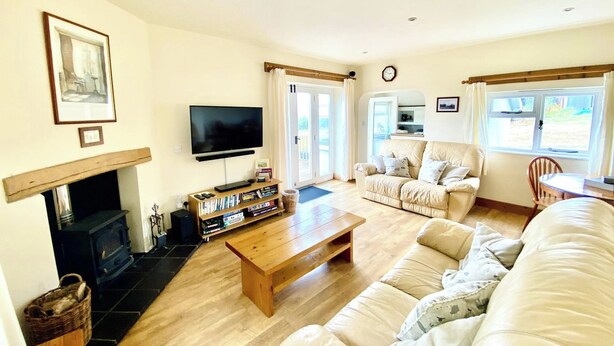 A living room with a fireplace, a television, a sofa, a coffee table, and a bookshelf. - Llaethdy Rachel, Lampeter (Aberaeron)