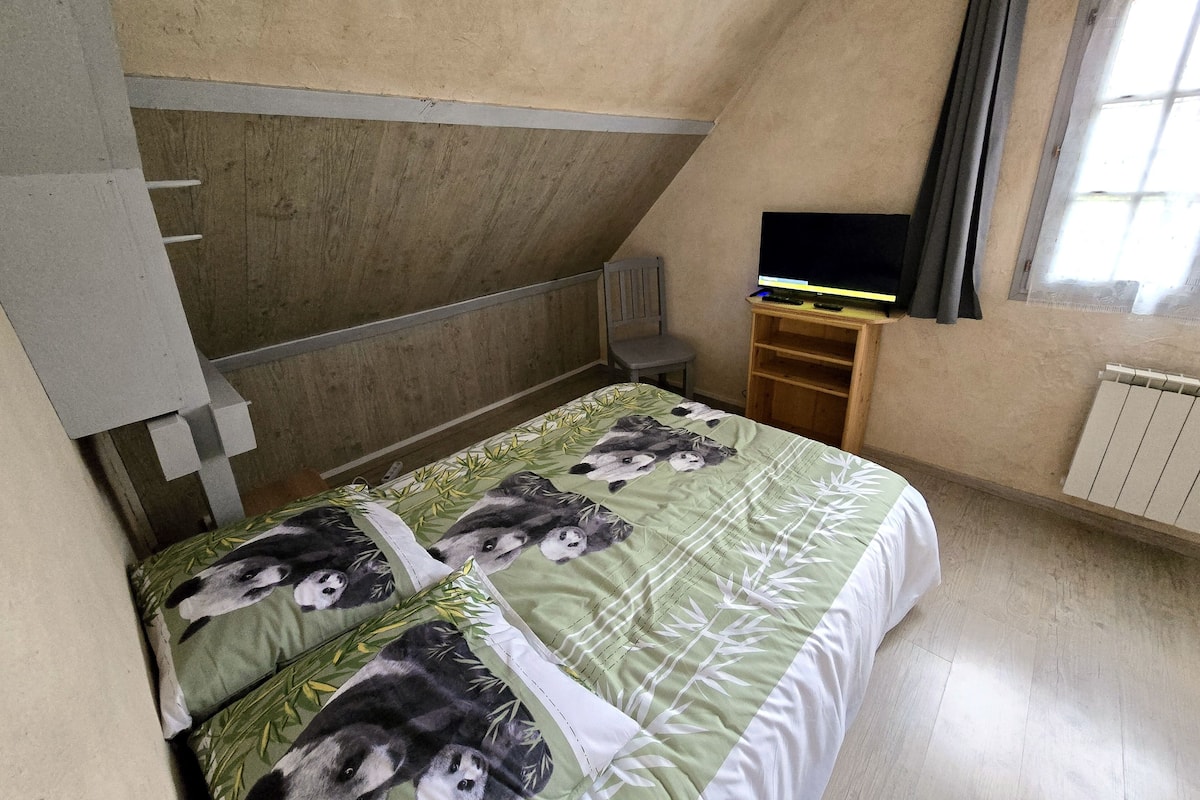 Une chambre avec un plafond en pente, un lit recouvert d’une couvre-lit à motifs floraux verts et blancs, un téléviseur posé sur un meuble en bois et une fenêtre avec des rideaux.