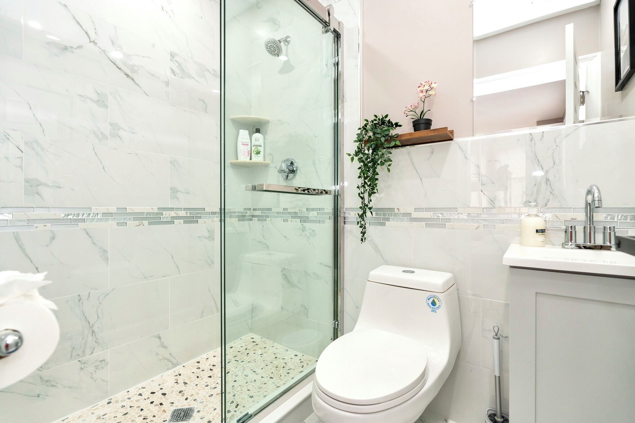 Hair dryer, towels, soap, shampoo