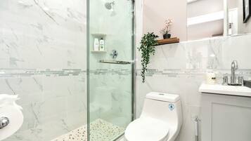 Hair dryer, towels, soap, shampoo