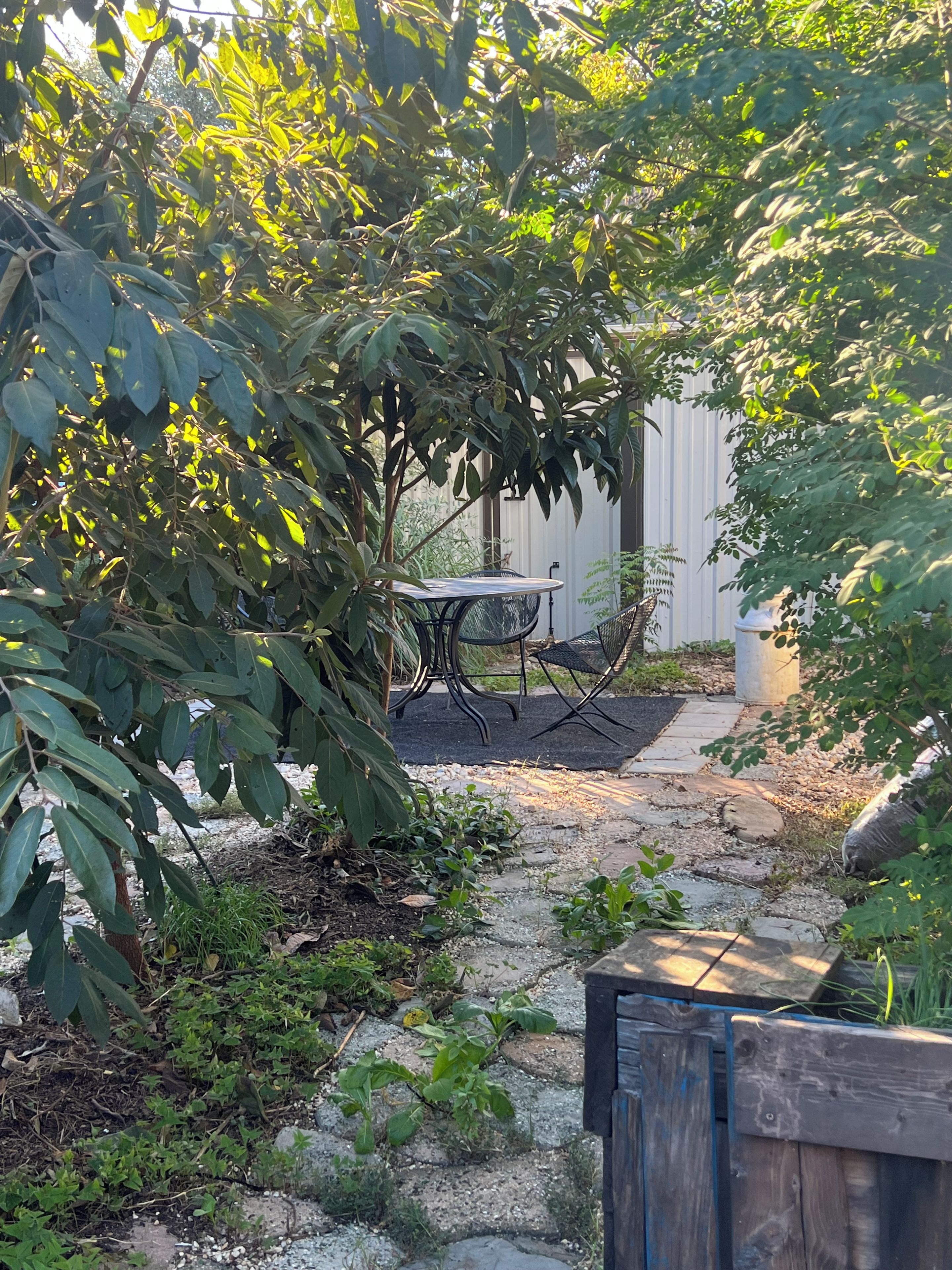 Un jardín con mesa y sillas, rodeado de follaje denso y una valla de madera.