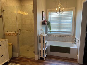 Shower, hair dryer, towels, toilet paper