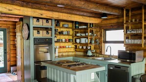 Une cuisine rustique aux murs en bois, dotée d’un îlot central avec un évier et de divers appareils de cuisine.