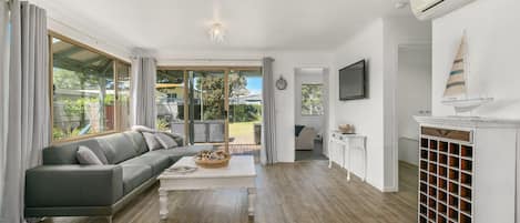 TV, fireplace, books