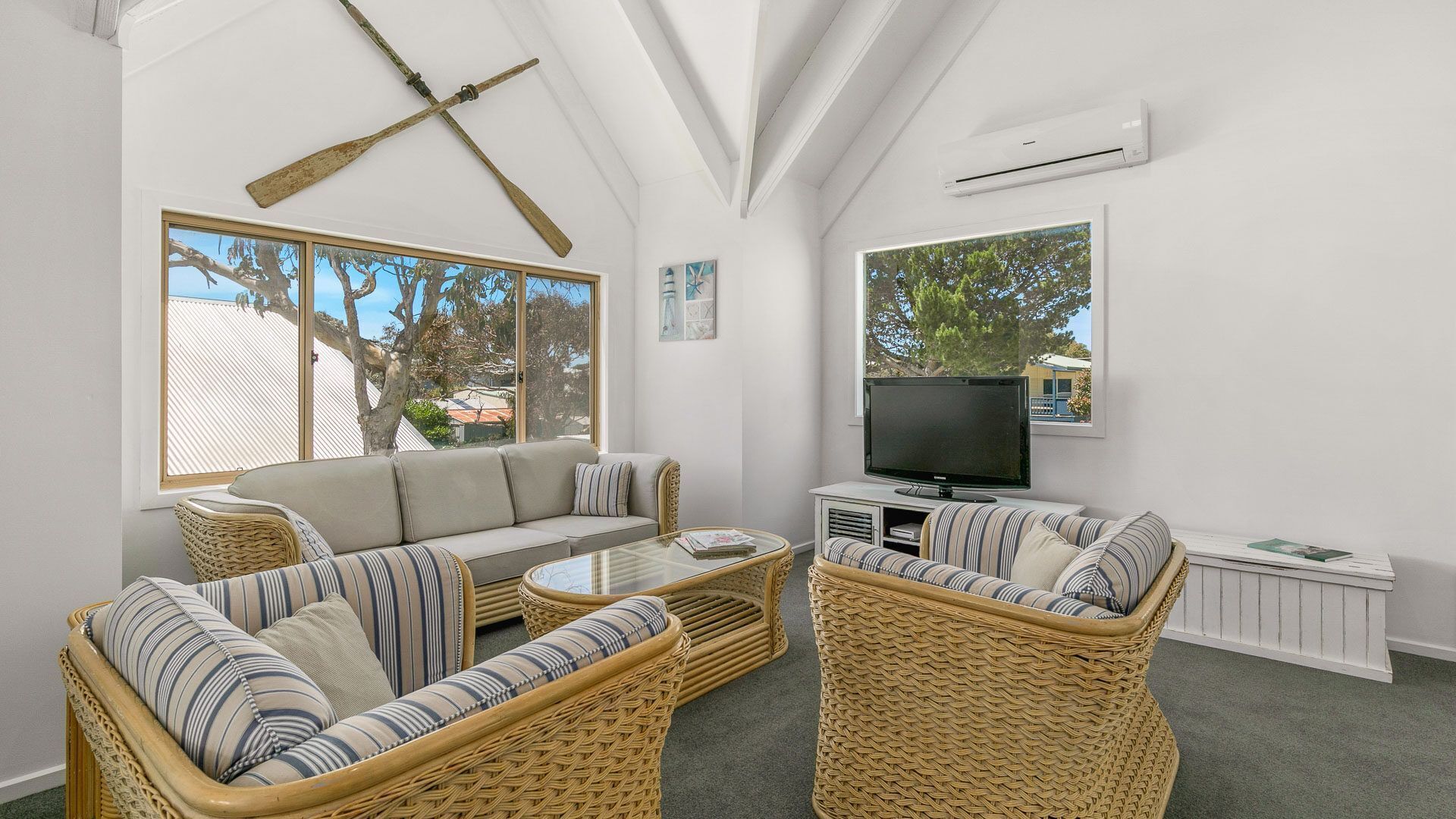 TV, fireplace, books