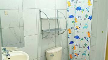 Shower, towels, soap, toilet paper